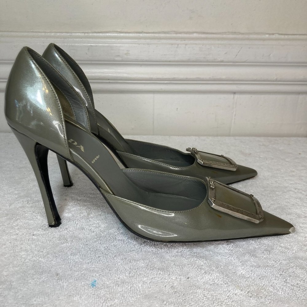 Prada Size 7.5 Women's Gray Dorsay Shoes Gray Leather Pointed Toe Stiletto Heels